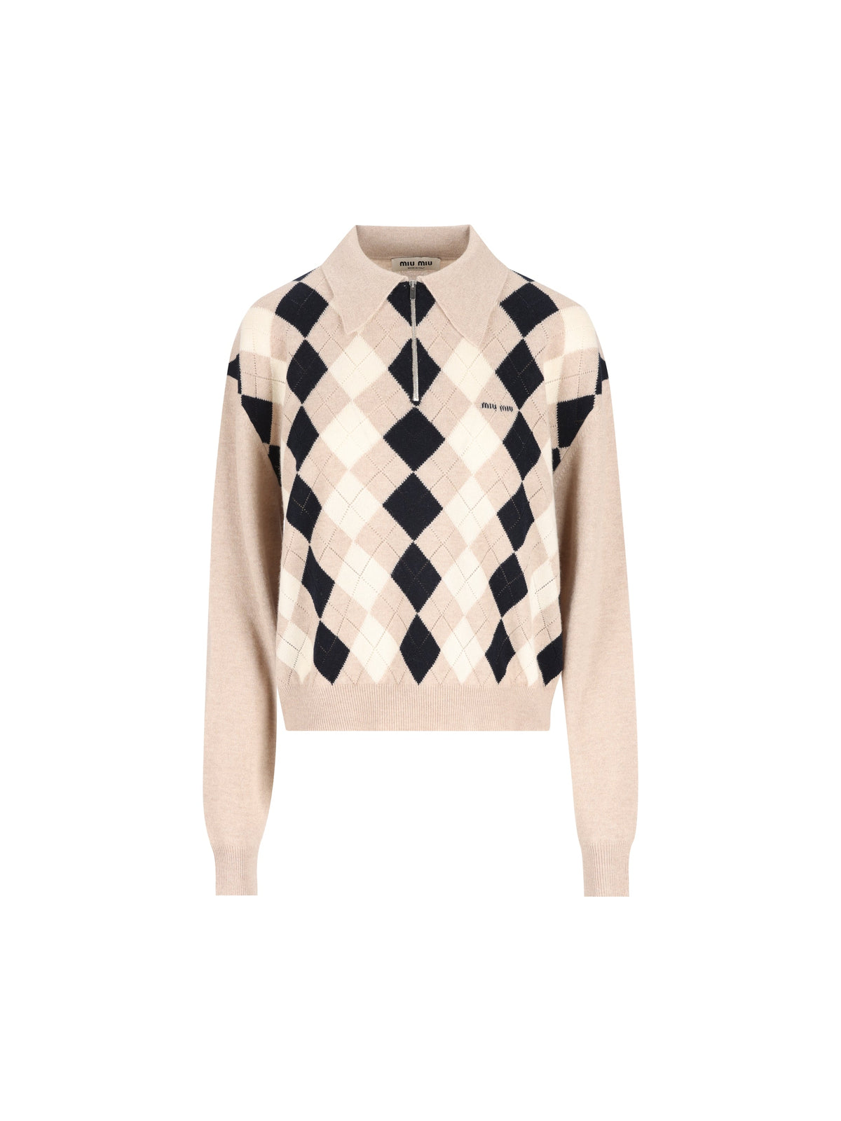 Miu Miu Women's Argyle Cashmere Half-Zip Polo in Beige - view 1