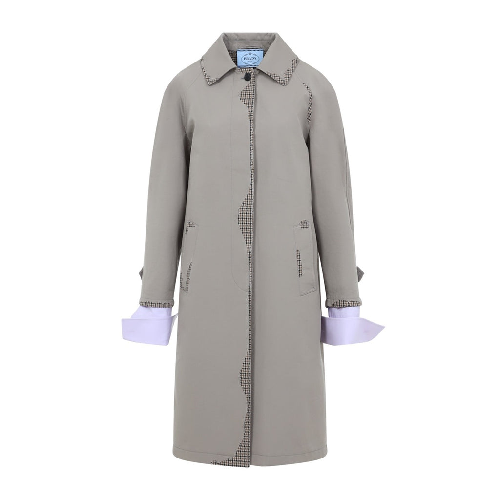 Prada Women's Cotton Houndstooth Trim Coat in Grey
