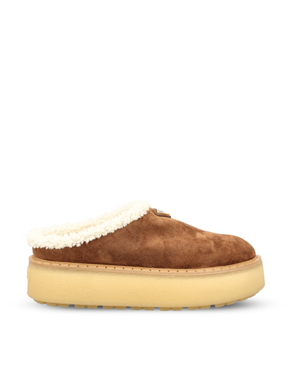 Prada Women's Suede Shearling Platform Sabot in Brown - view 1