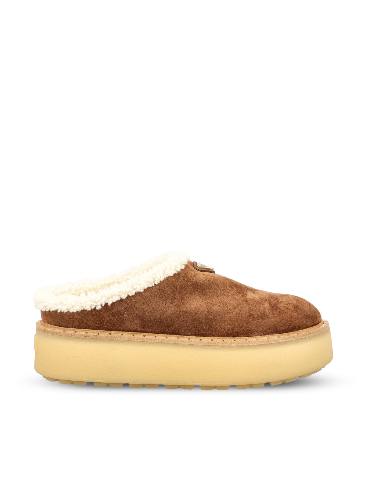Prada Women's Suede Shearling Platform Sabot in Brown - view 1
