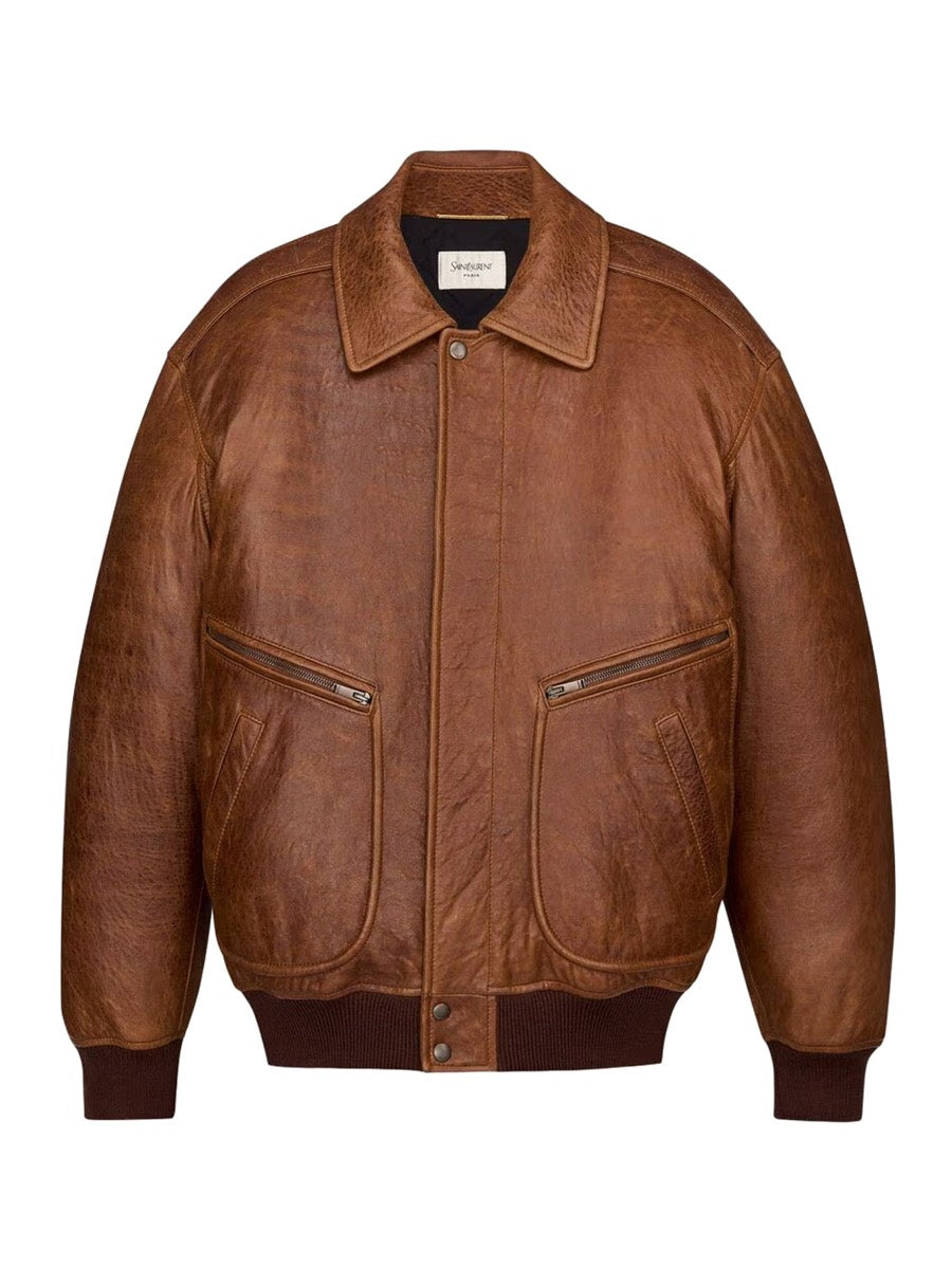 Saint Laurent Women's Lambskin Padded Bomber Jacket in Tan