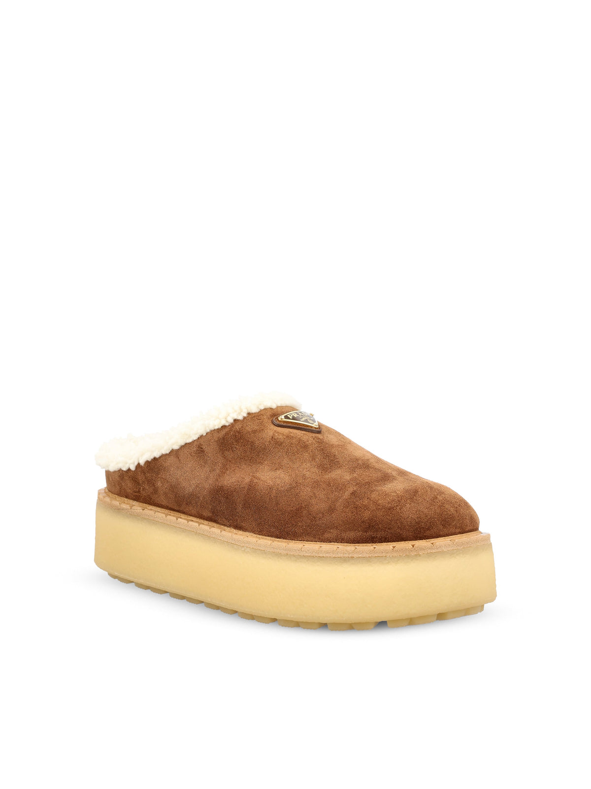 Prada Women's Suede Shearling Platform Sabot in Brown - view 2