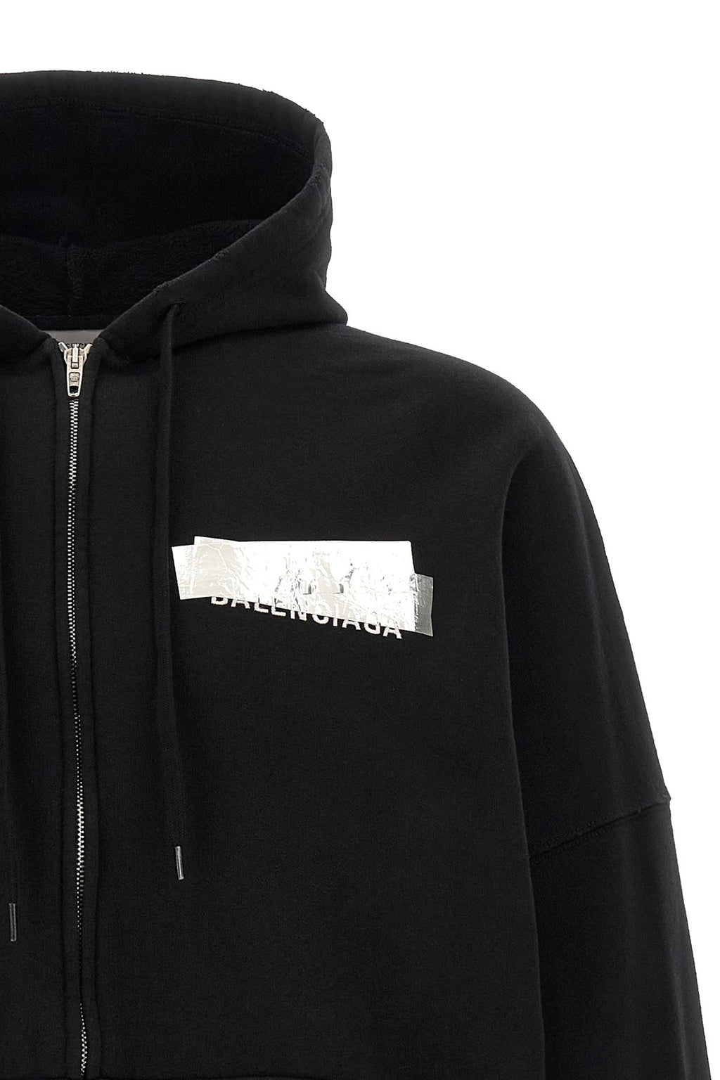Balenciaga Men's Silver Tape Hoodie in Black Cotton - view 3