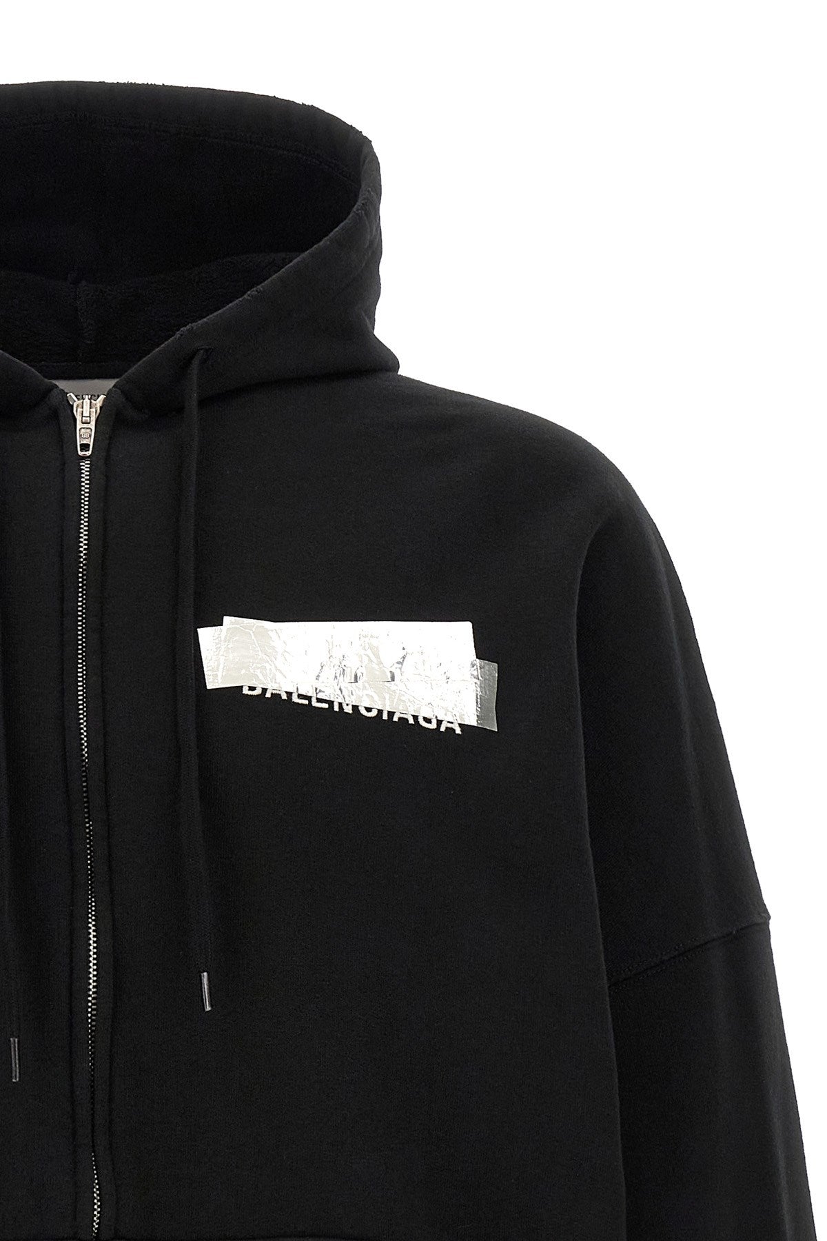 Balenciaga Men's Silver Tape Hoodie in Black Cotton - view 3