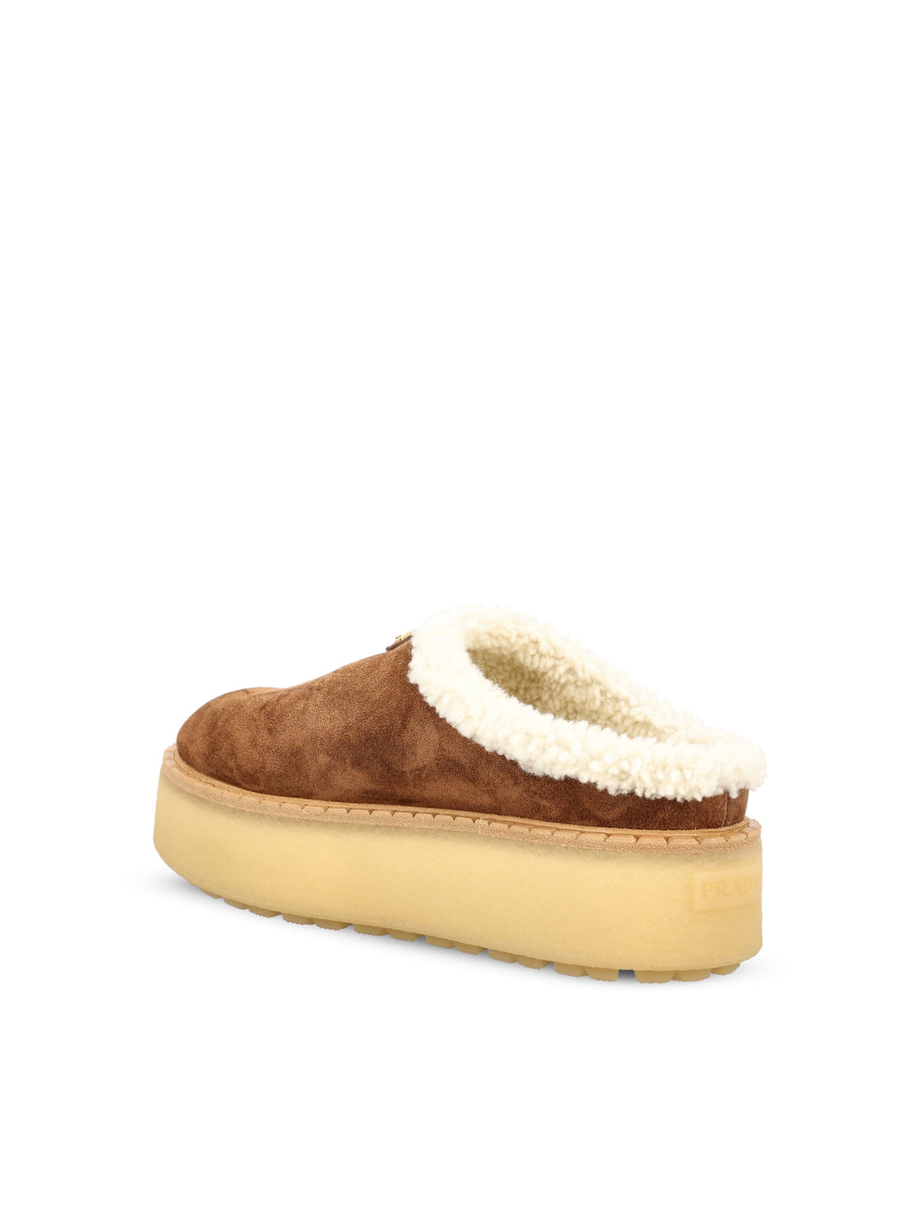 Prada Women's Suede Shearling Platform Sabot in Brown - view 3