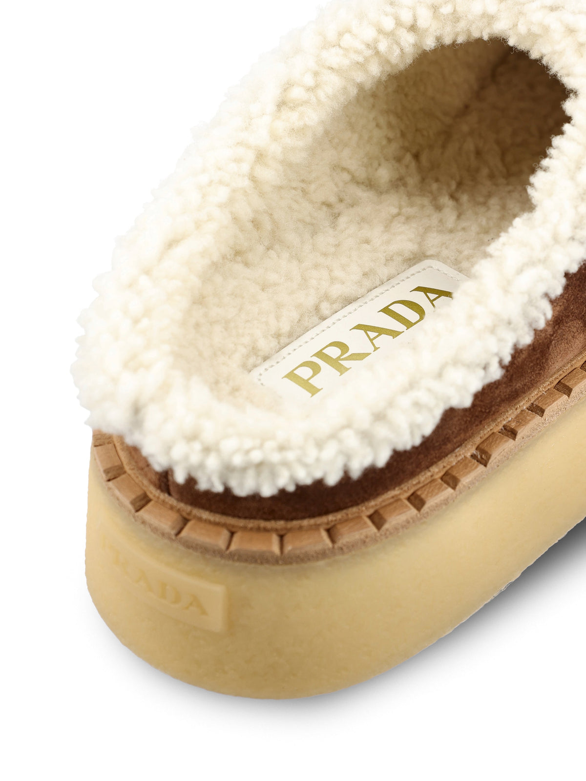 Prada Women's Suede Shearling Platform Sabot in Brown - view 4