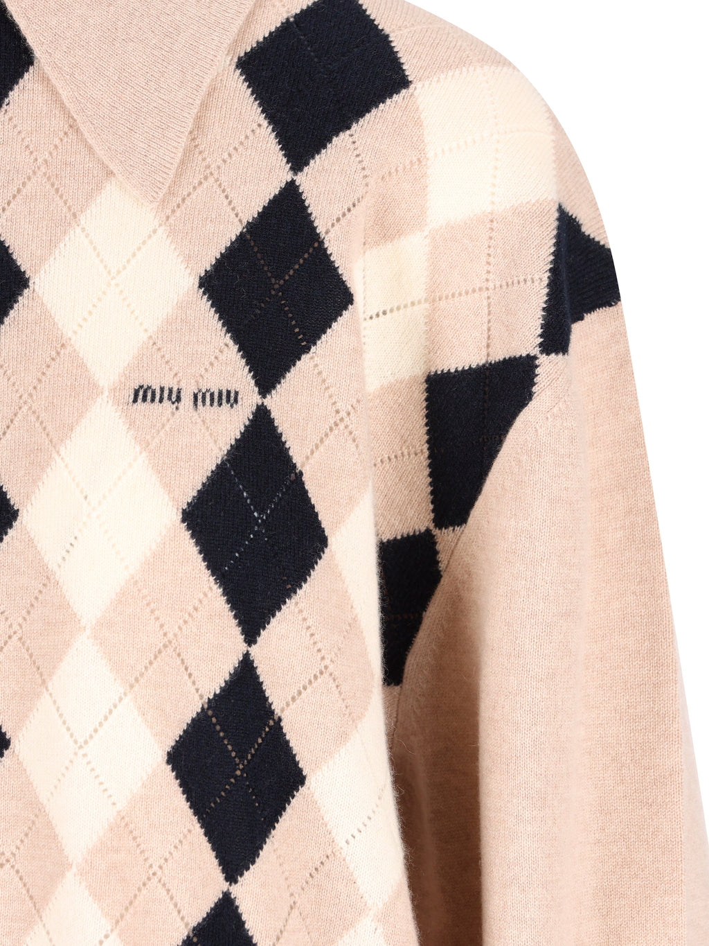 Miu Miu Women's Argyle Cashmere Half-Zip Polo in Beige - view 4