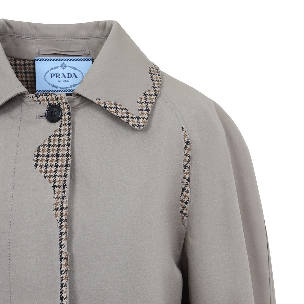 Prada Women's Cotton Houndstooth Trim Coat in Grey