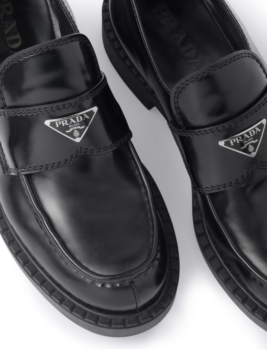 Prada Men's Brushed Leather Loafers with Logo