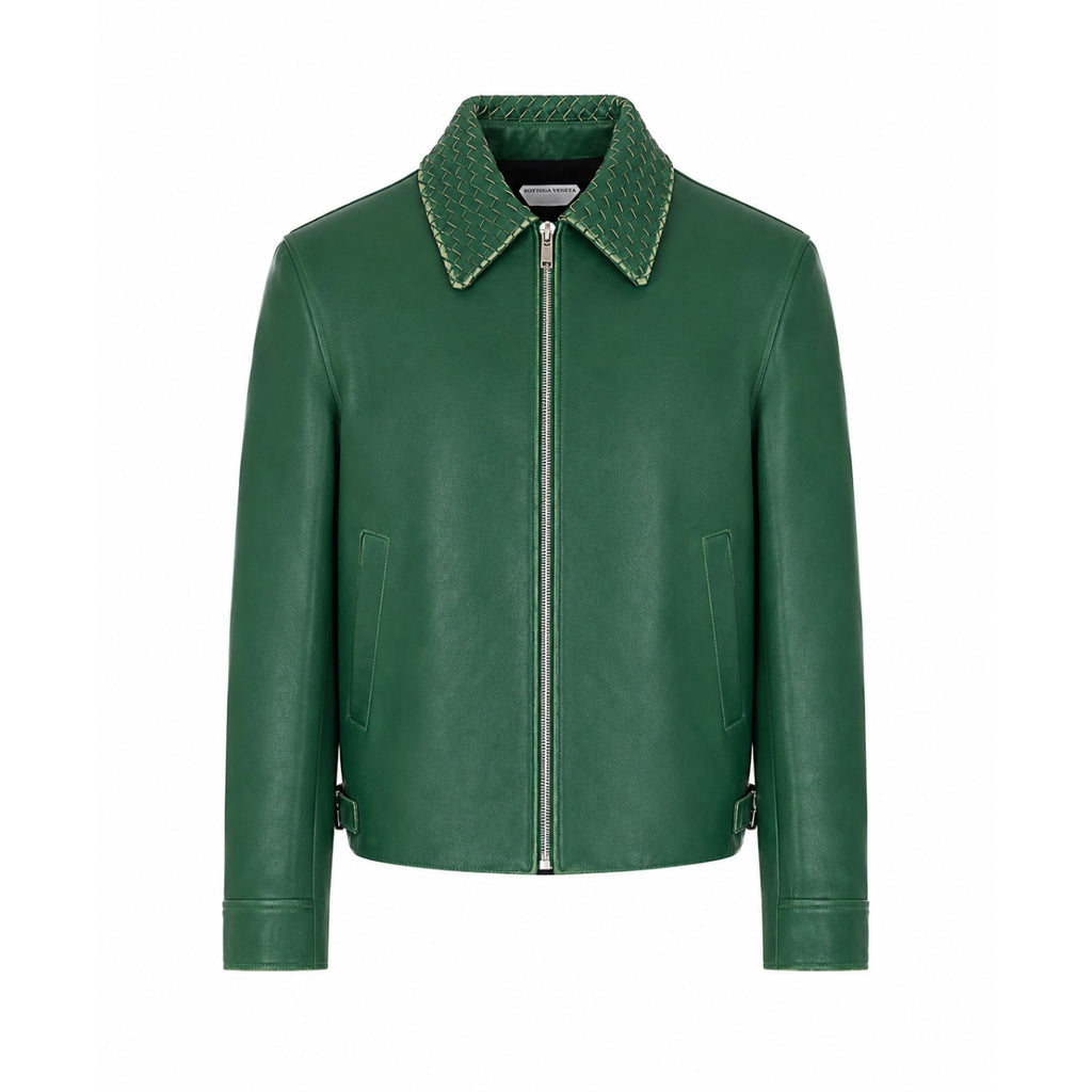 Bottega Veneta Men's Leather Jacket with Intrecciato Collar in Green - 1