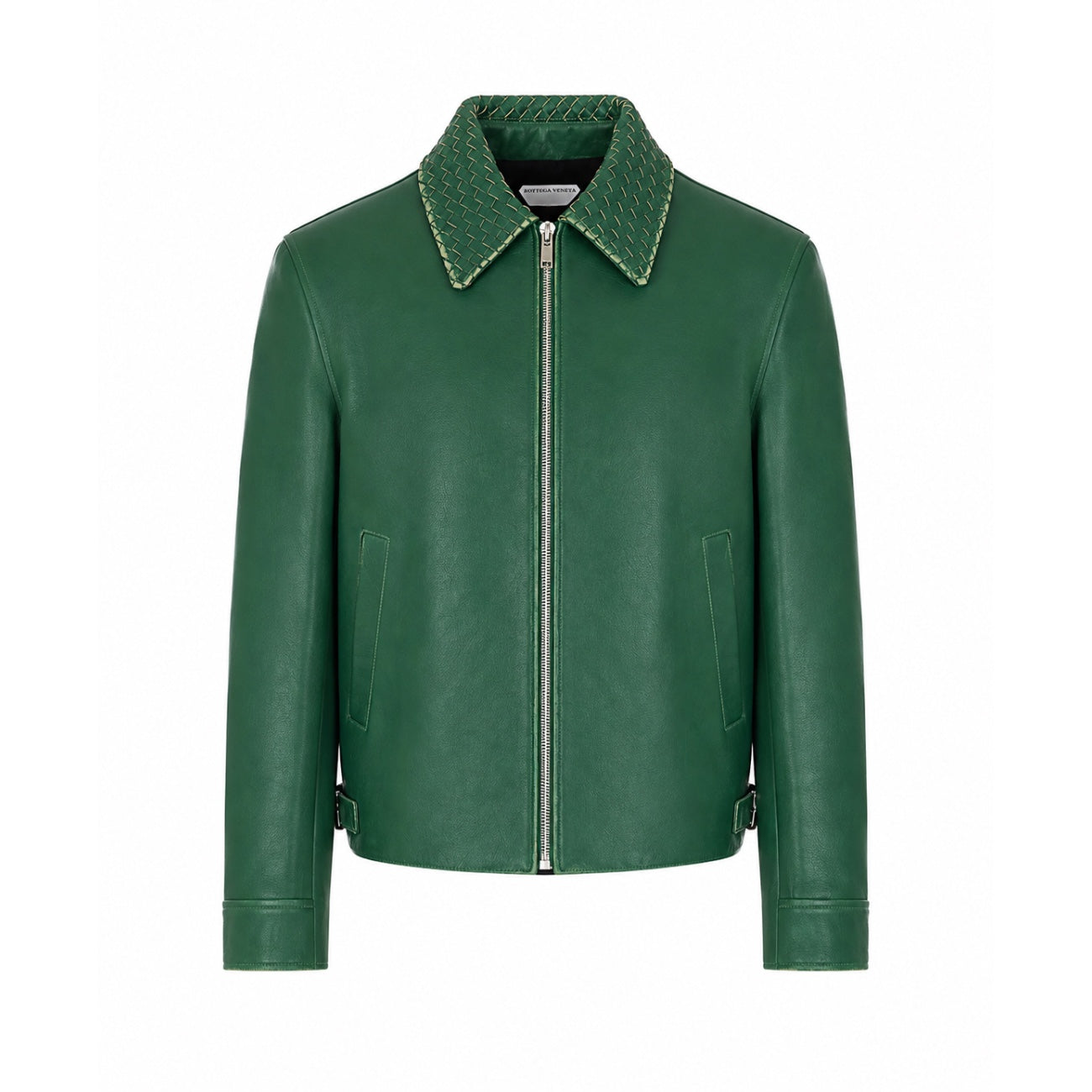 Bottega Veneta Men's Leather Jacket with Intrecciato Collar in Green - 1