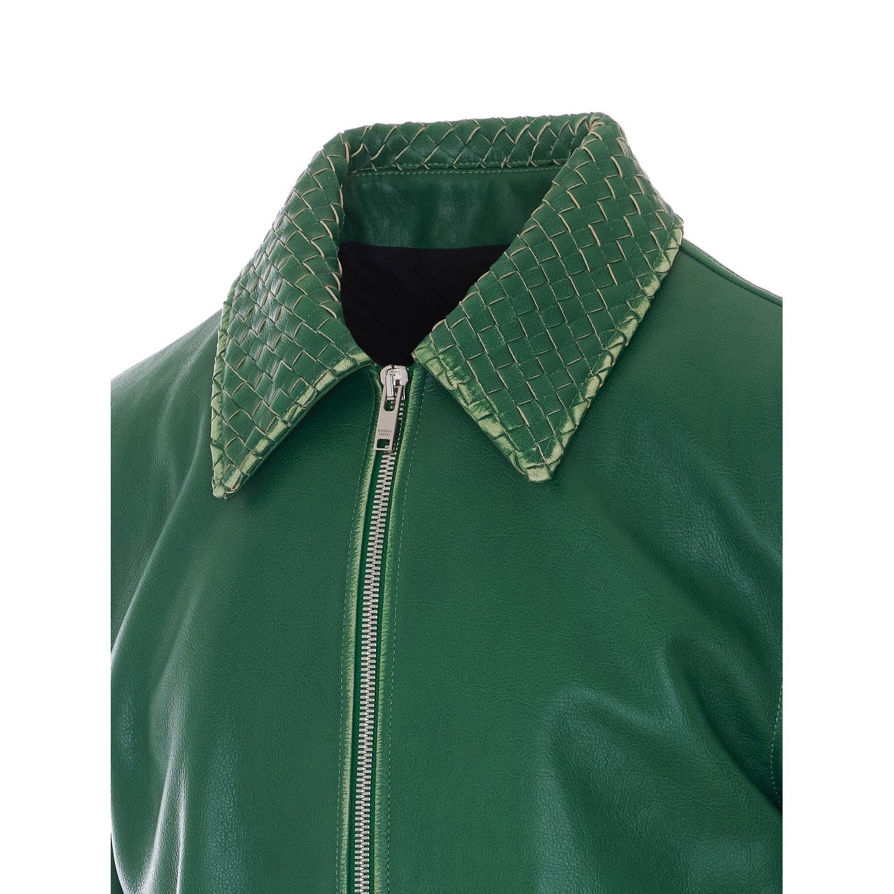 Bottega Veneta Men's Leather Jacket with Intrecciato Collar in Green - 2