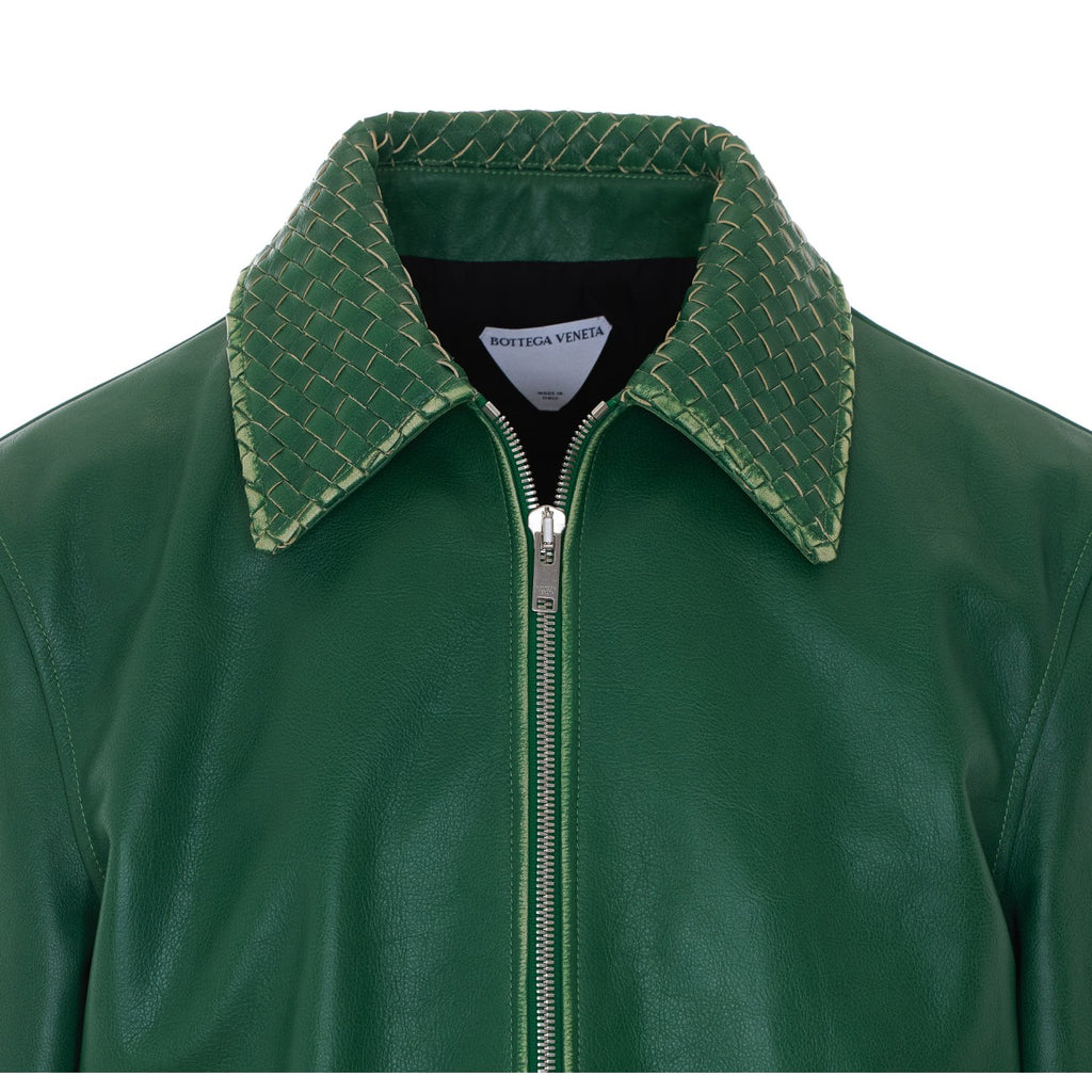 Bottega Veneta Men's Leather Jacket with Intrecciato Collar in Green - 4