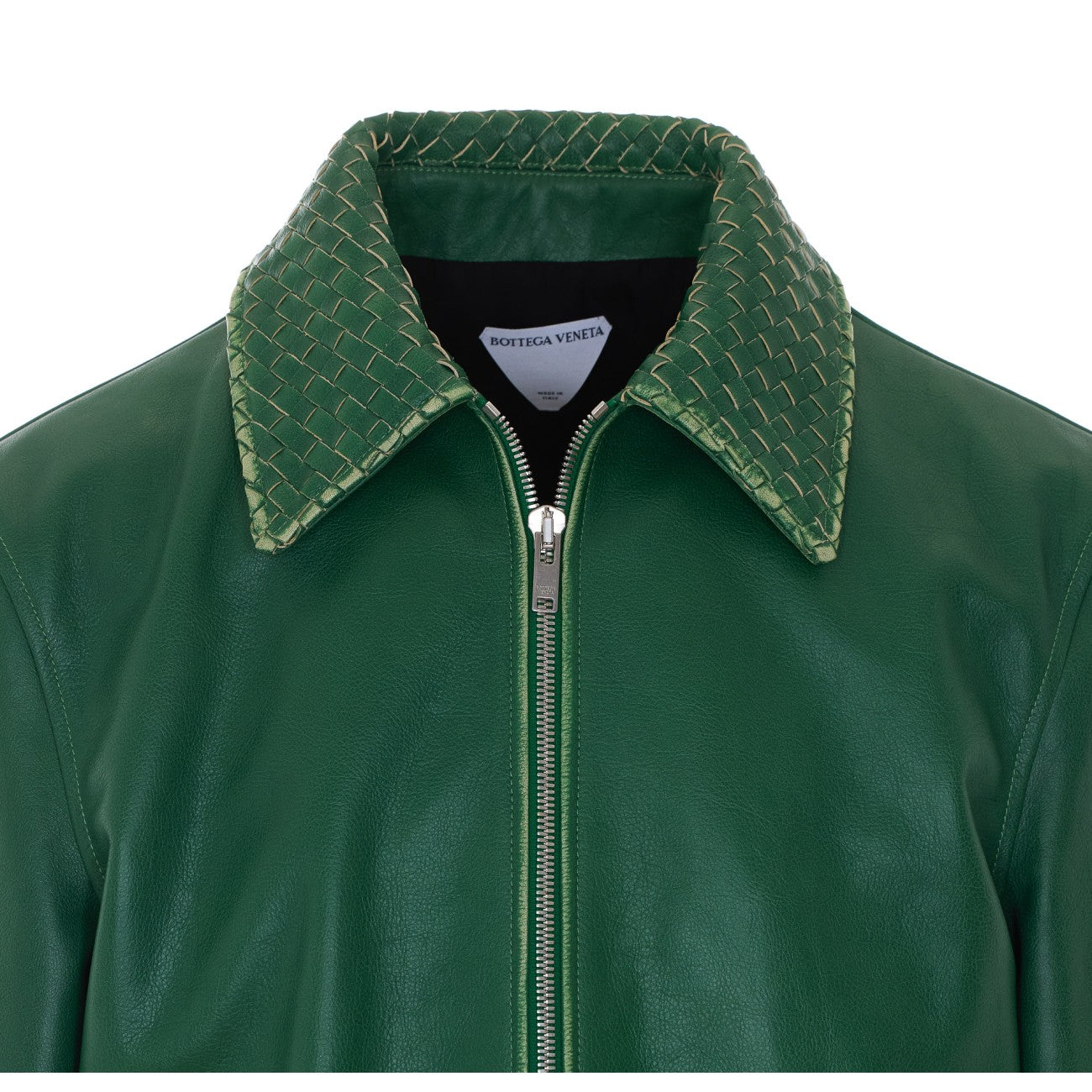 Bottega Veneta Men's Leather Jacket with Intrecciato Collar in Green - 4