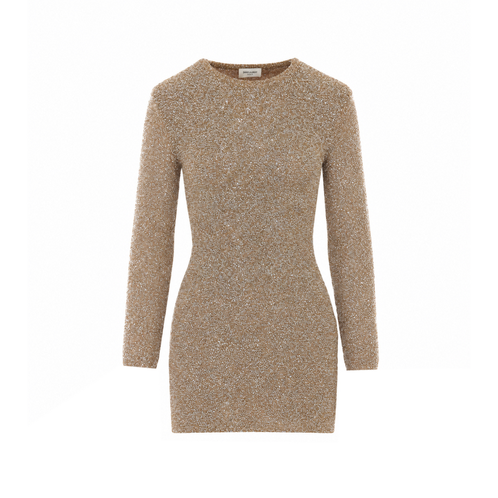 Saint Laurent Women's Sequined Cotton Mini Dress in Beige - view 1