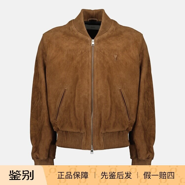 Ami Paris Men's Leather Jacket in Brown