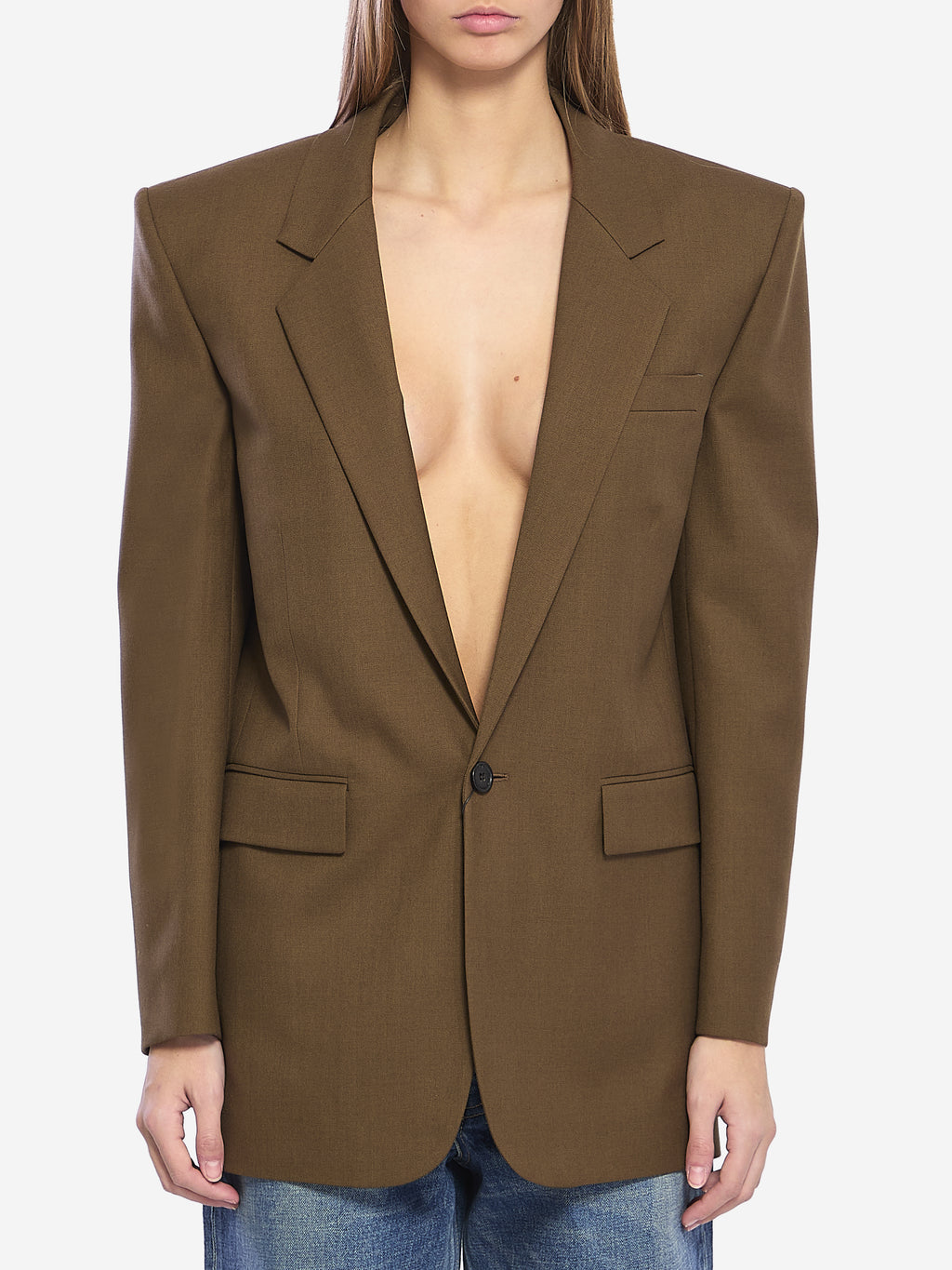 Saint Laurent Women's Khaki Wool Jacket in Green