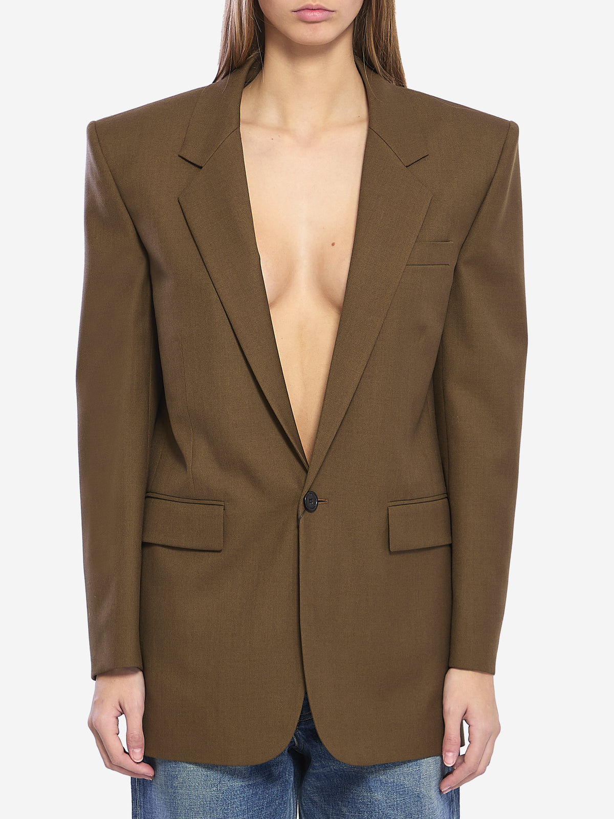 Saint Laurent Women's Khaki Wool Jacket in Green