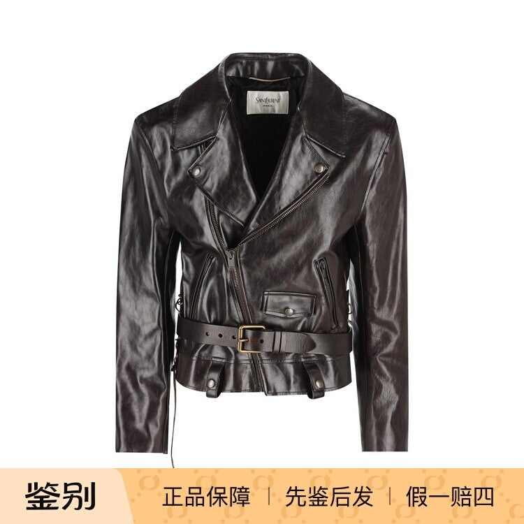 Saint Laurent Women's YSL Leather Jacket in Brown