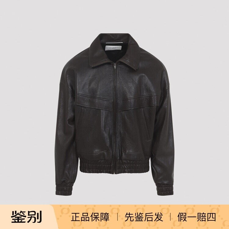 Saint Laurent Men's YSL Leather Jacket in Brown