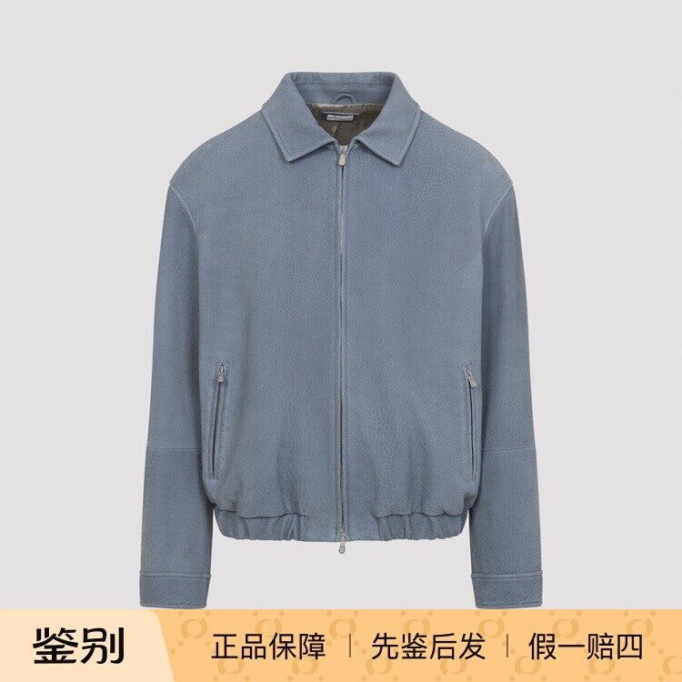 Brunello Cucinelli Men's Leather Jacket in Blue