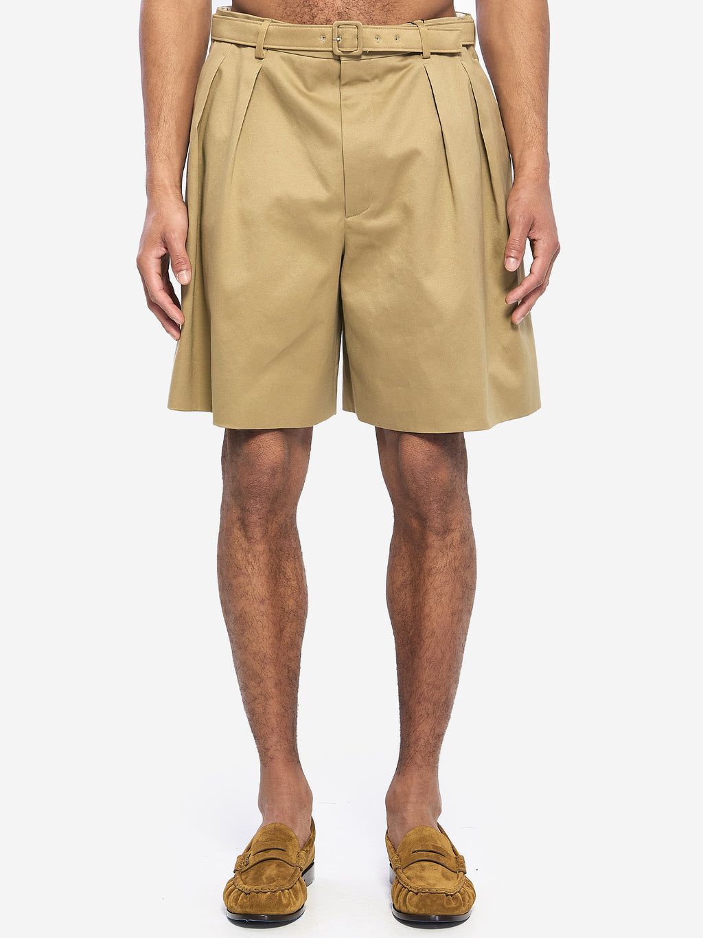Saint Laurent Men's Cotton Drill Shorts with Belt in Beige