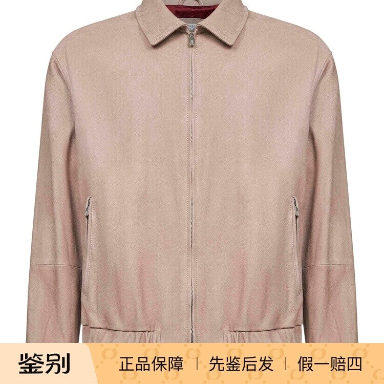 Brunello Cucinelli Men's Leather Jacket in Beige