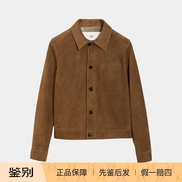 Ami Paris Men's Leather Jacket in Brown
