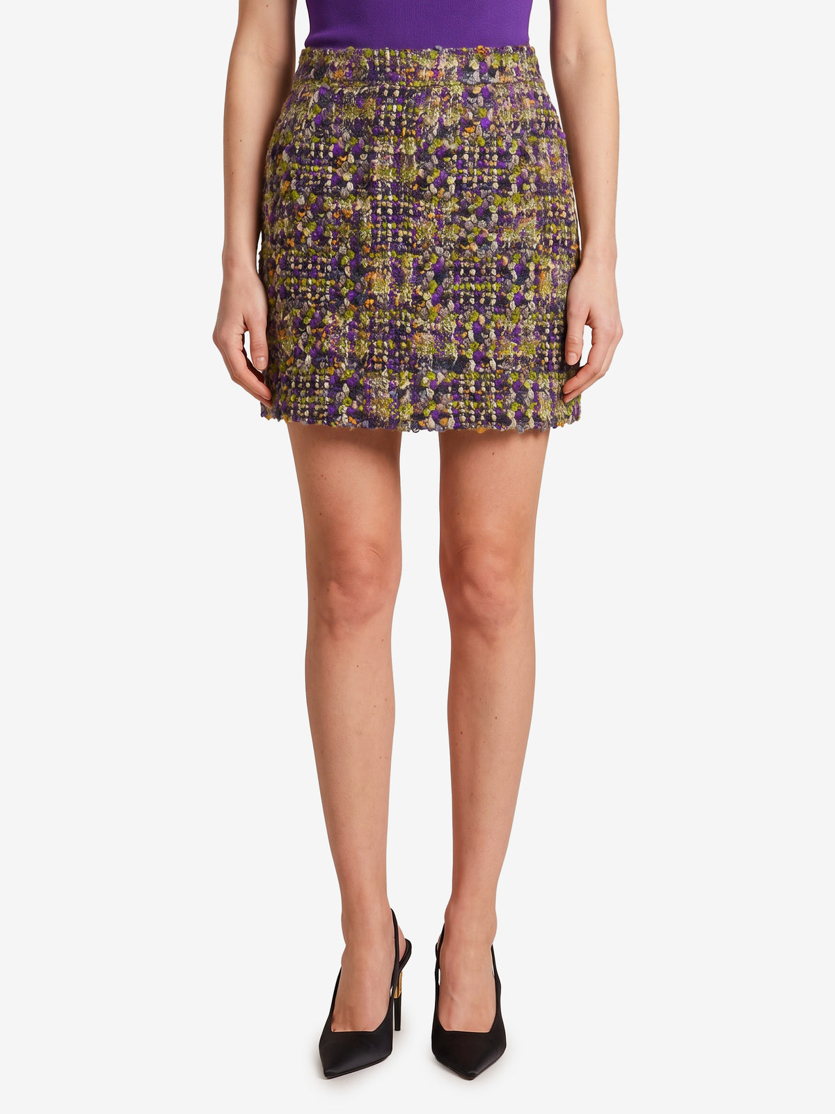 Saint Laurent Women's Mini Skirt in Tweed in Purple/Khaki