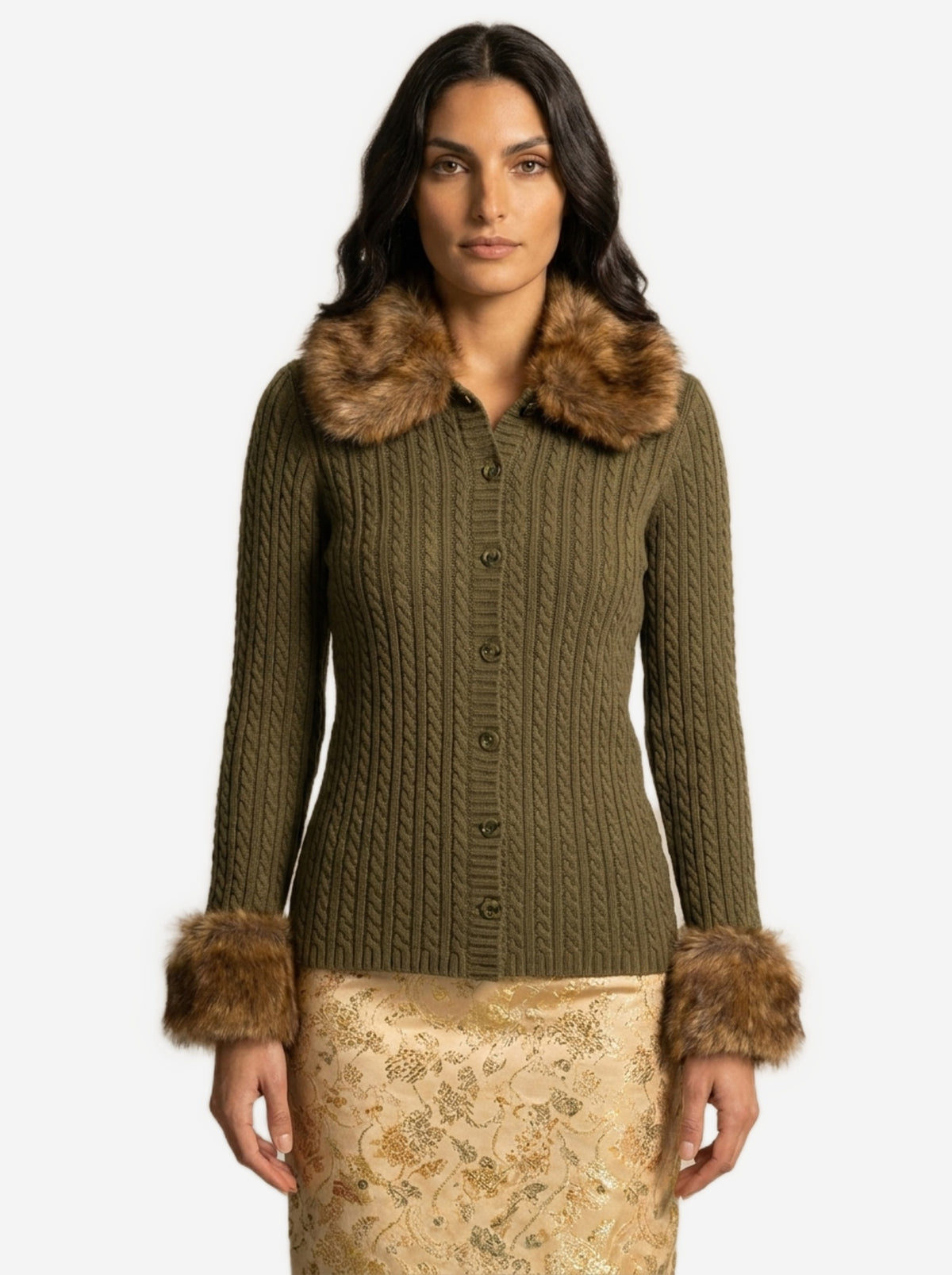 Saint Laurent Women's Cardigan with Shearling Fur in Green