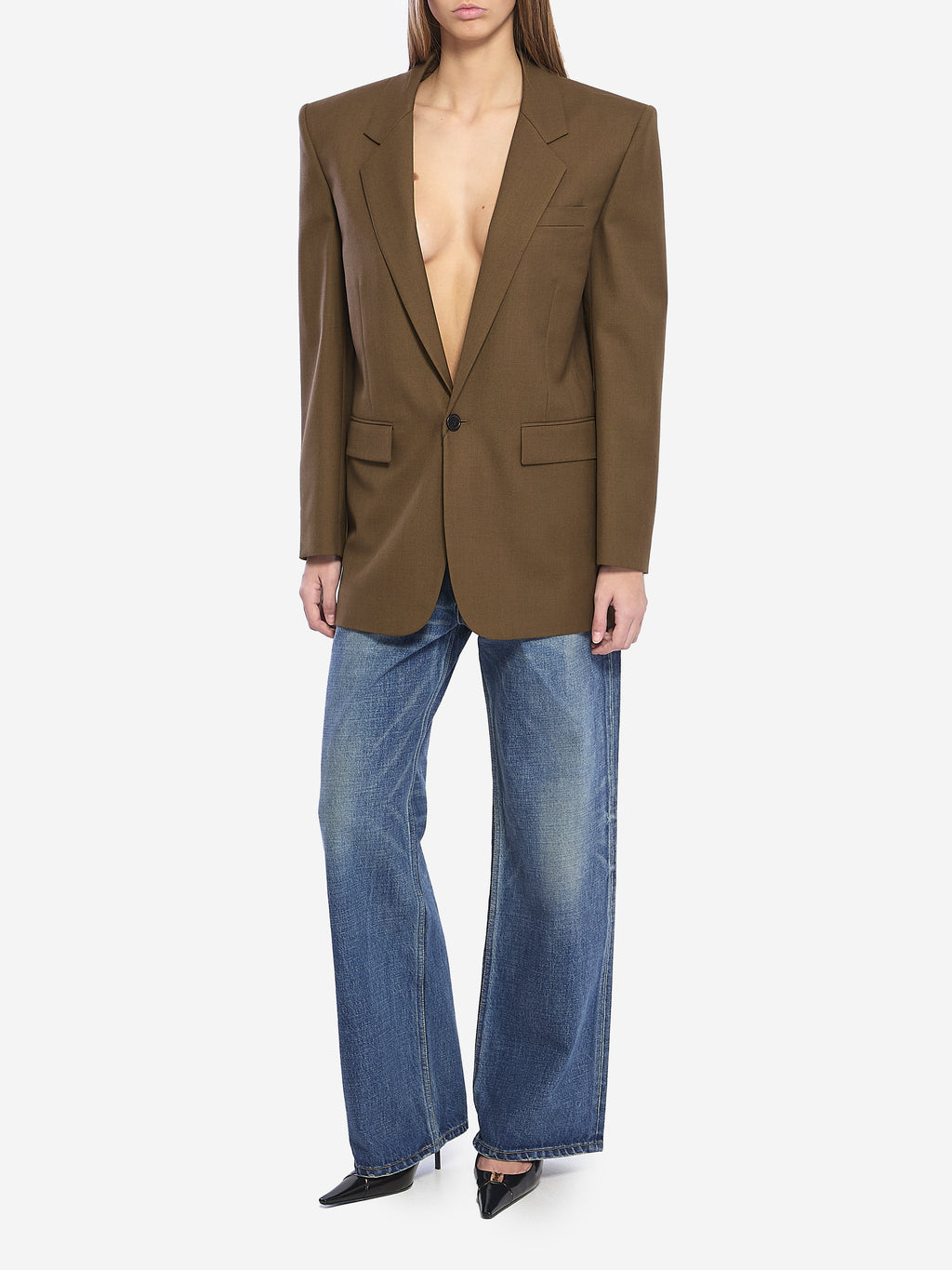 Saint Laurent Women's Khaki Wool Jacket in Green