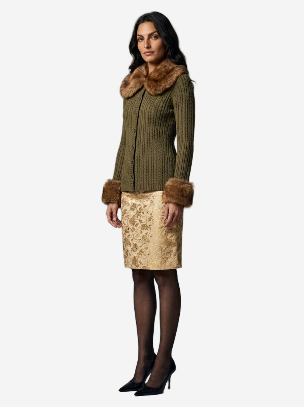 Saint Laurent Women's Cardigan with Shearling Fur in Green
