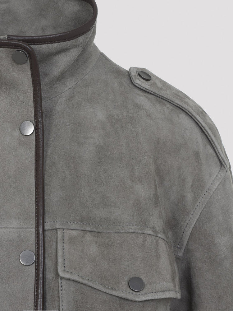 Brunello Cucinelli Women's Leather Jacket in Grey