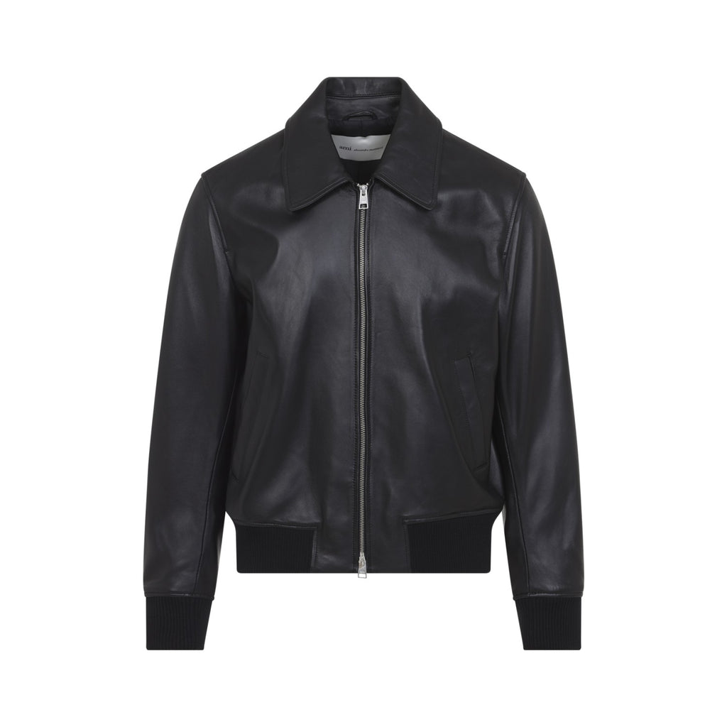 Ami Paris Men's Zipped Leather Jacket in Black - view 2