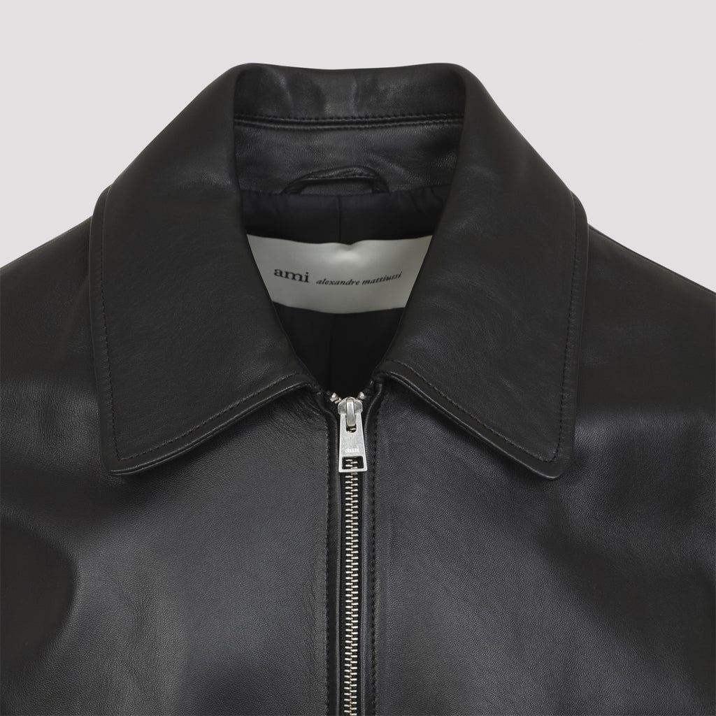 Ami Paris Men's Zipped Leather Jacket in Black - view 5