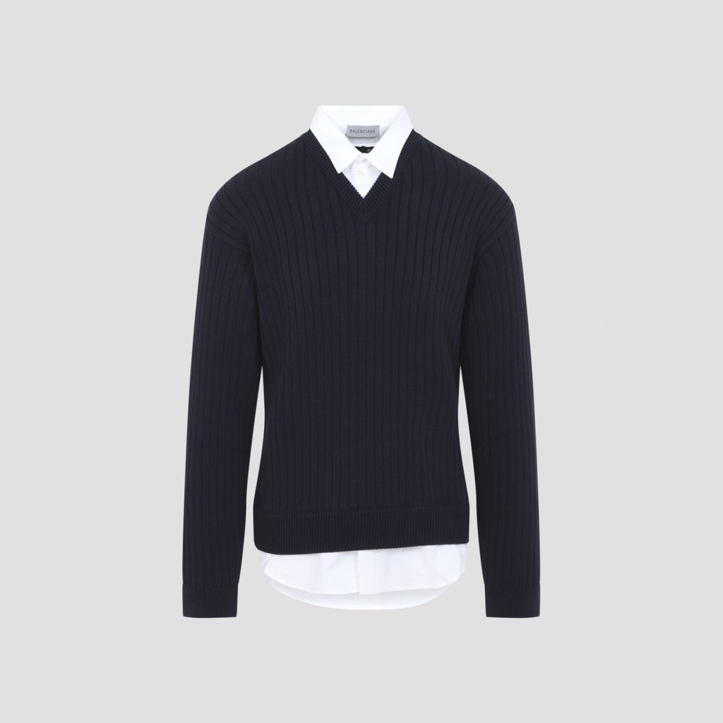 Balenciaga Men's Hybrid Shirt Jumper in Navy White Cotton - view 1