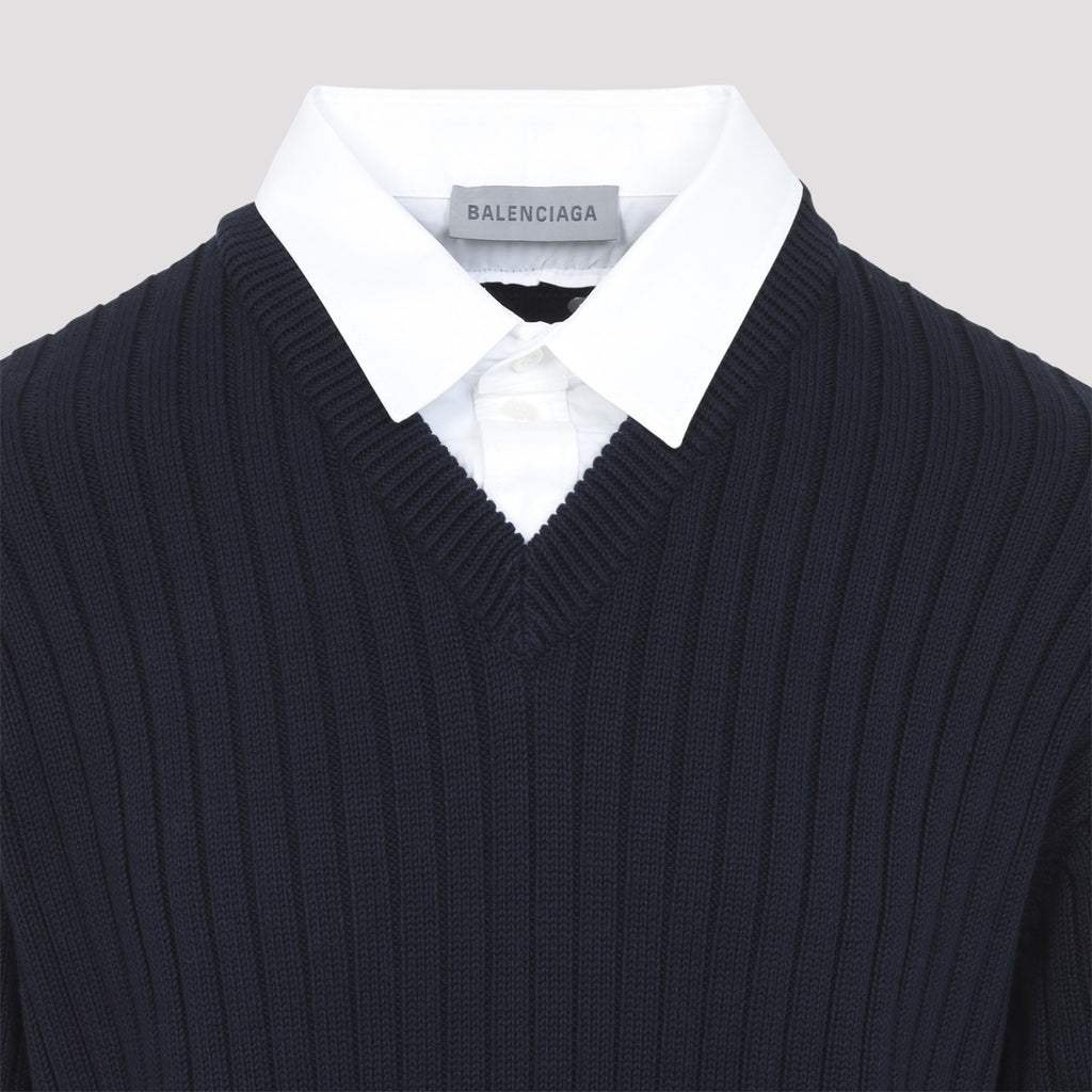 Balenciaga Men's Hybrid Shirt Jumper in Navy White Cotton - view 5