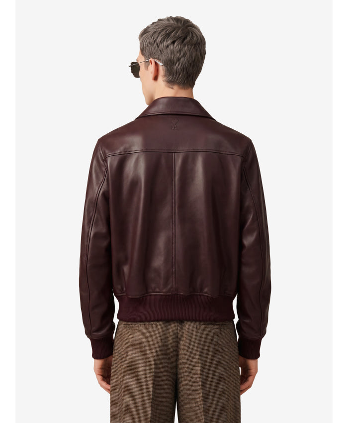 Ami Paris Men's Burgundy Zip Bomber Jacket in Bordeaux
