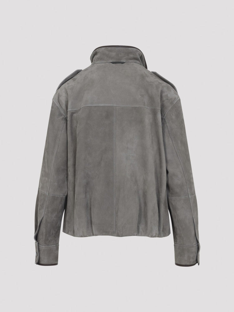 Brunello Cucinelli Women's Leather Jacket in Grey