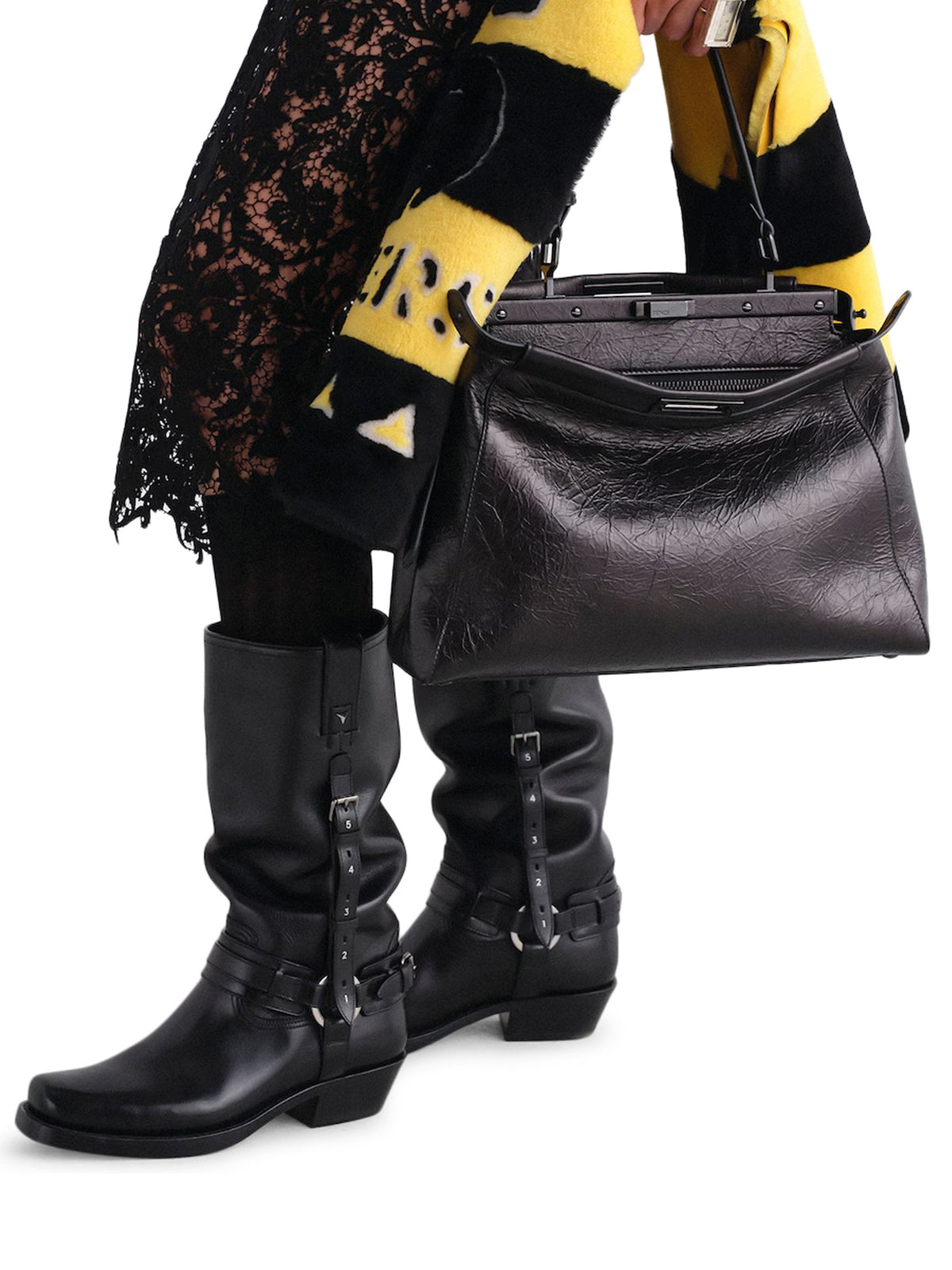 Fendi Women's My Peekaboo Bag in black crackled leather - side view