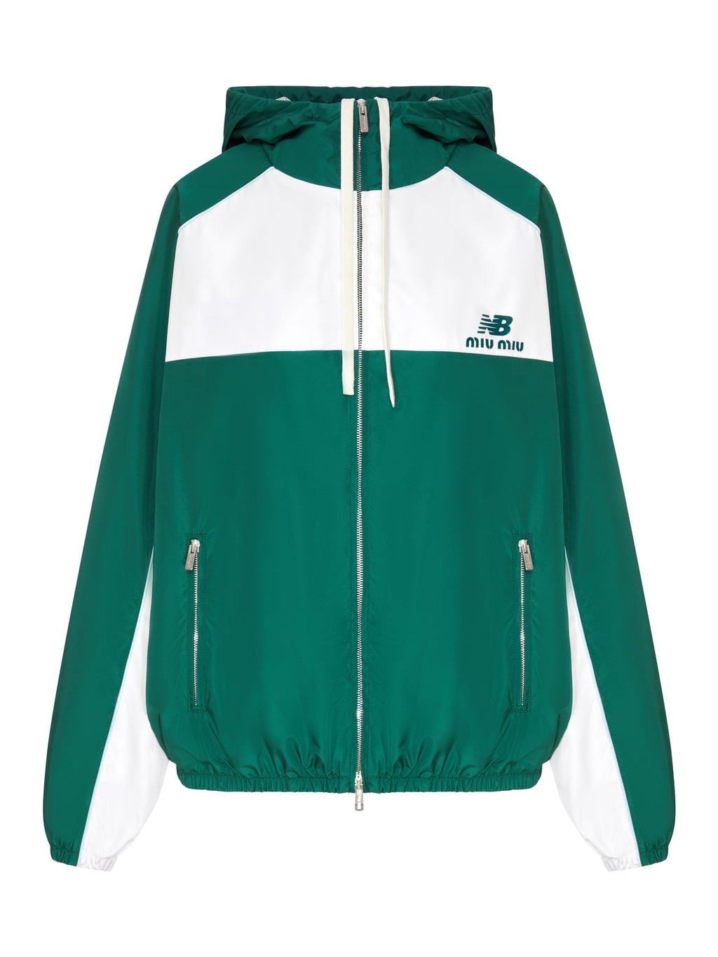 Miu Miu Women's x New Balance Poplin Windbreaker in green and white - front view