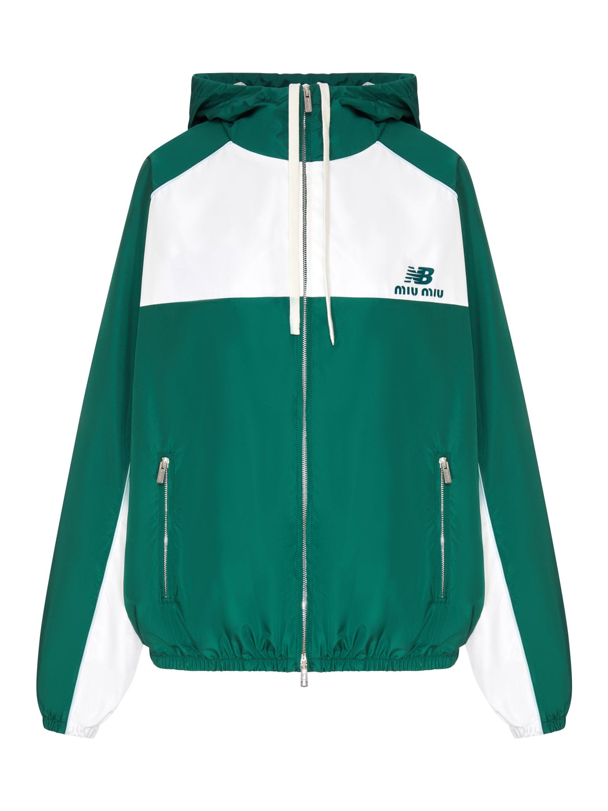Miu Miu Women's x New Balance Poplin Windbreaker in green and white - front view