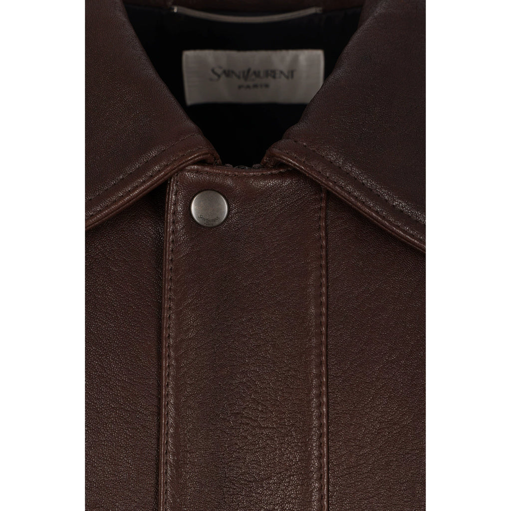 Saint Laurent Men's YSL Leather Jacket in Brown