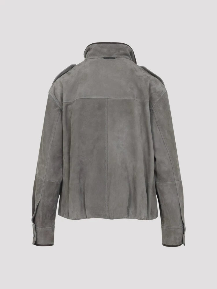 Brunello Cucinelli Women's Leather Jacket in Grey