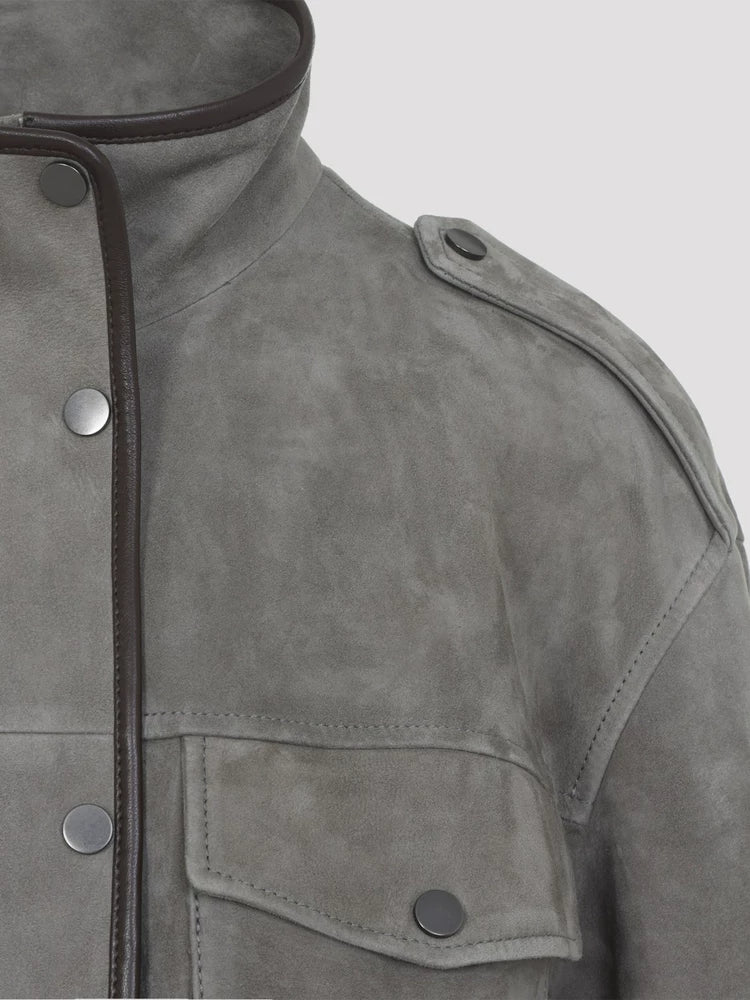 Brunello Cucinelli Women's Leather Jacket in Grey