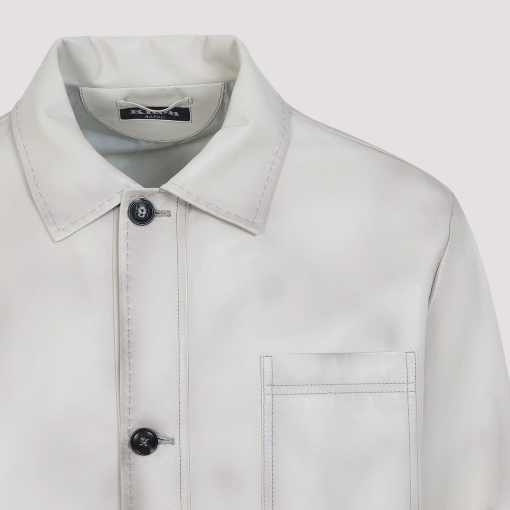 Kiton Men's Leather Jacket in Beige