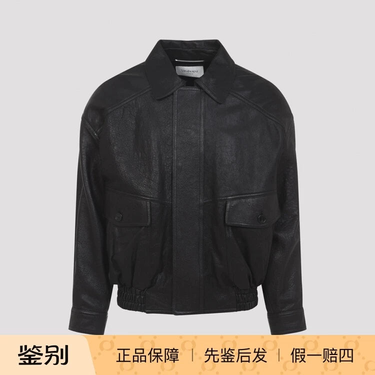 Saint Laurent Men's YSL Leather Jacket in Black