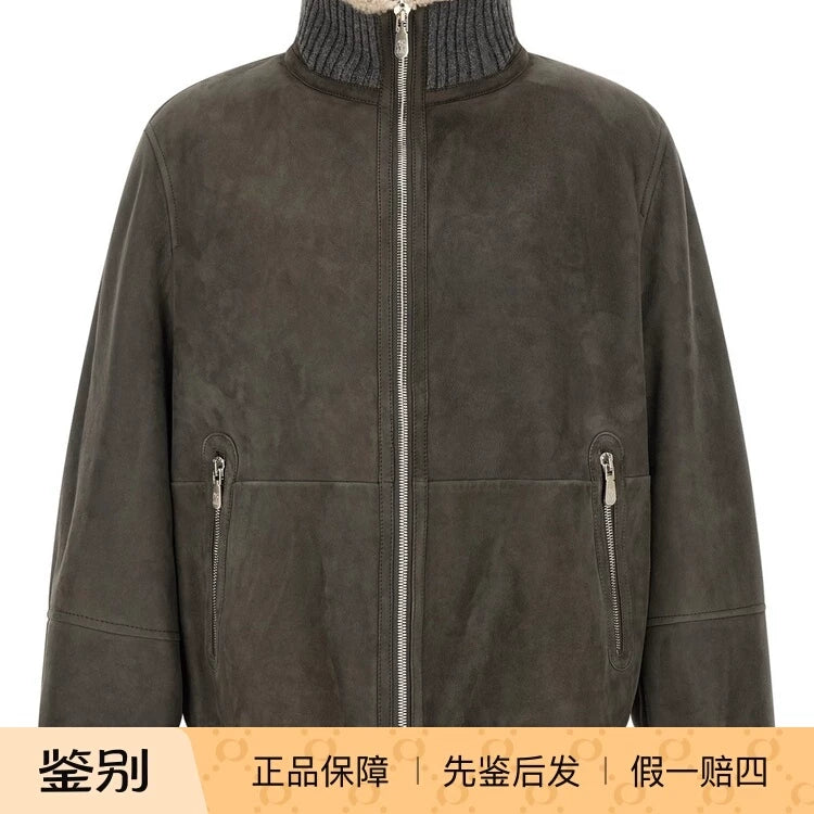 Brunello Cucinelli Men's Leather Jacket in Grey
