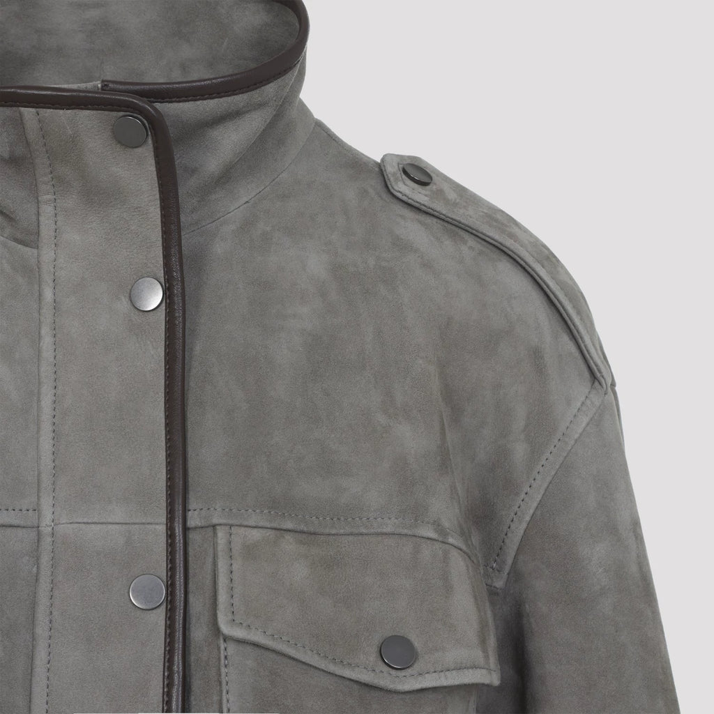 Brunello Cucinelli Women's Leather Jacket in Grey