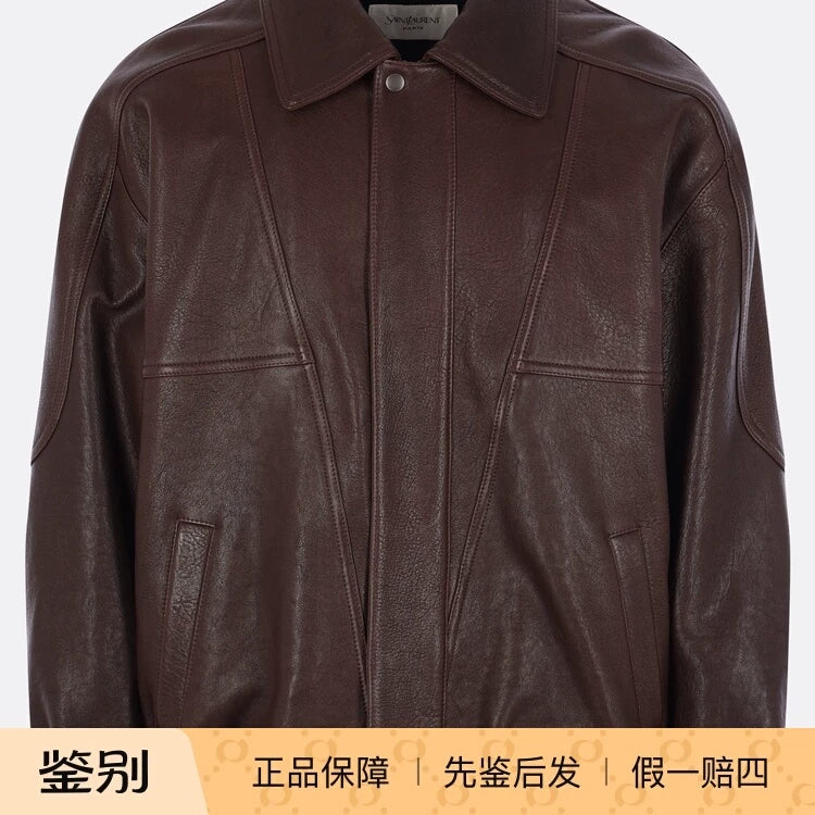 Saint Laurent Men's YSL Leather Jacket in Brown